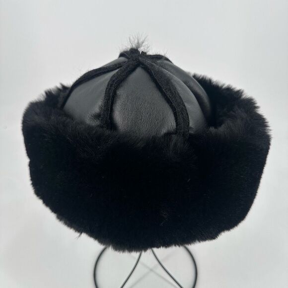 Zara Faux Leather & Fur Winter Hat Small Black‎ Mob Wives Goth Luxury Old Money - Picture 2 of 7